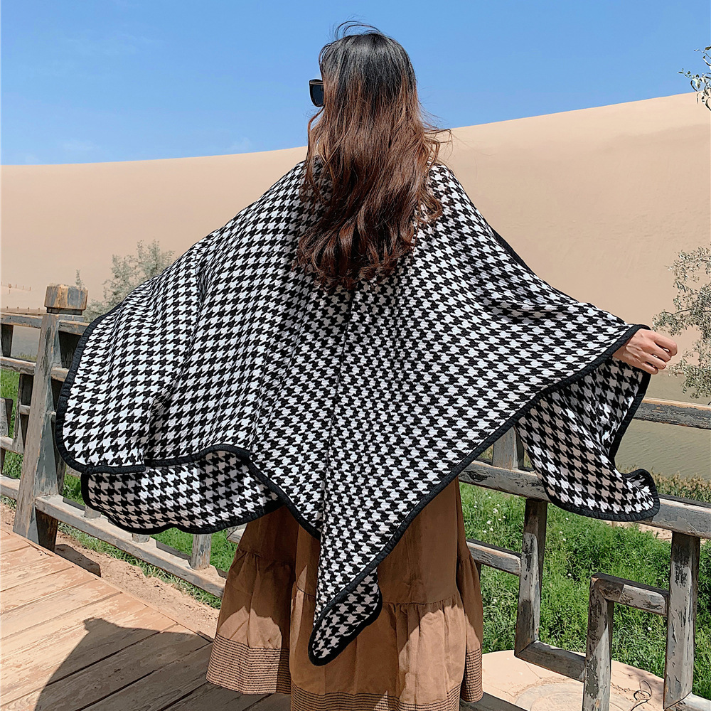 Houndstooth Retro Warmth Thick Knitted Imitation Cashmere Shawl NSCM101057