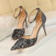 7113-1 Korean fashion Sequin high heel shoes with thin heel, high heel, hollow, shallow mouth and pointed hollow strip sandals