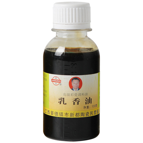 Ceramic pigment preparation, overglaze pastels, frankincense oil diluent, blue and white thickener to increase adhesion, peach gum