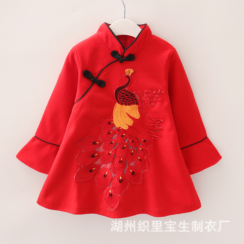 new pattern girl Autumn and winter Improvement Hanfu Chinese style girl Embroidery cheongsam Tang costume Long sleeve Fur Dress wholesale