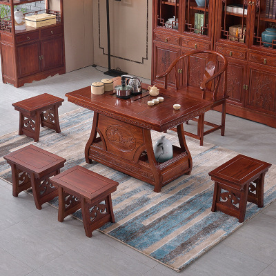 New Chinese style solid wood Tea tables and chairs combination Office tea table Kung Fu tea table Ming To fake something antique tea table Old Elm