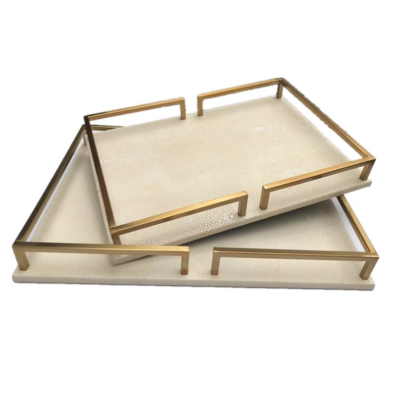 轻奢现代简约金属魔鬼鱼皮托盘摆件样板房售楼处创意软装饰品摆设