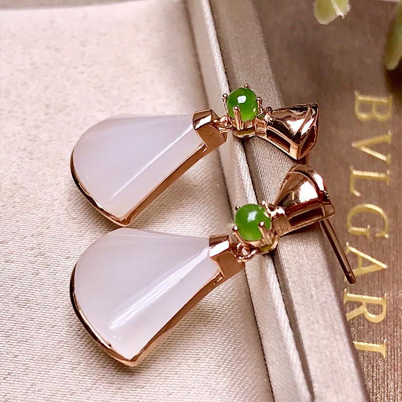 

hetian jade qinghai material white jade lucky almond leaf earrings jade 18k rose gold inlaid fashion atmosphere