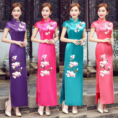 Flowers chinese dresses for women girls chinese retro qipao catwalk stage long qipao dress necklines of cultivate  morality show 