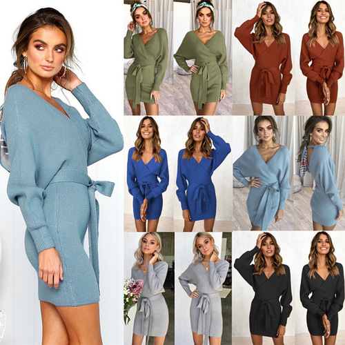 Bestselling 2025 Autumn/Winter Sexy Strap V-Neck Bodycon Long-Sleeve Women's Dress