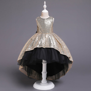 children dress跨境热销金色亮片儿童拖尾小主持人晚礼服公主裙夏-阿里巴巴