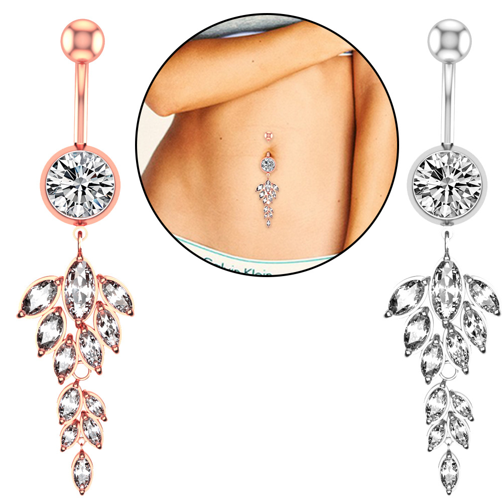 European And American New Style Ring Creative Leaf Horse Eye Zircon Belly Button Stud Piercing Jewelry_voghion.com
