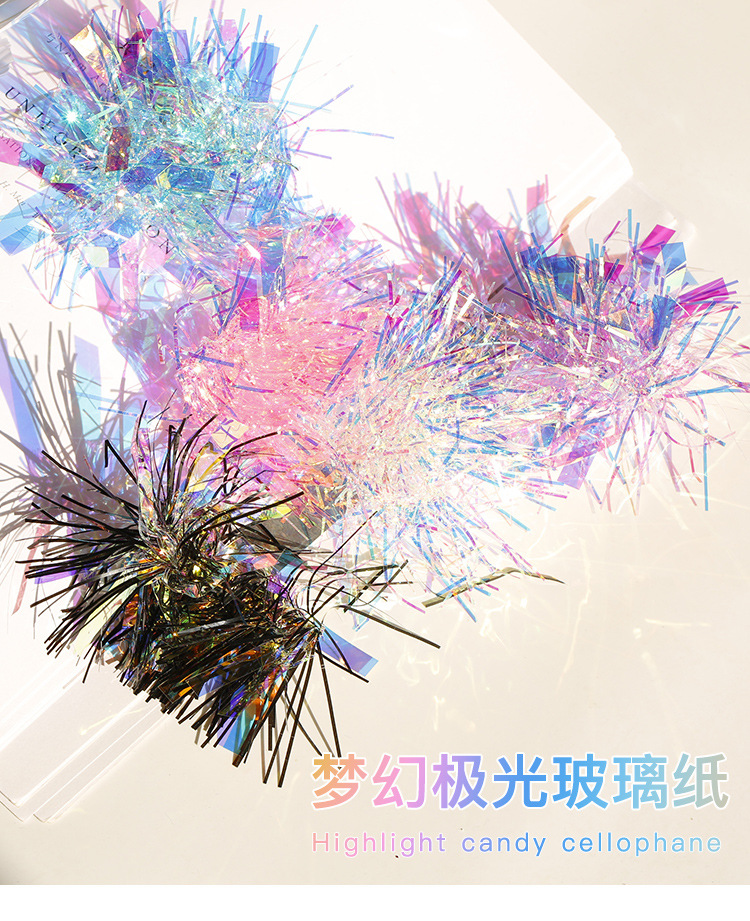 Japonés popular celofán arte del clavo de la aurora caramelo mágico colorido láser irregular etiqueta engomada del clavo fragmento decorativo