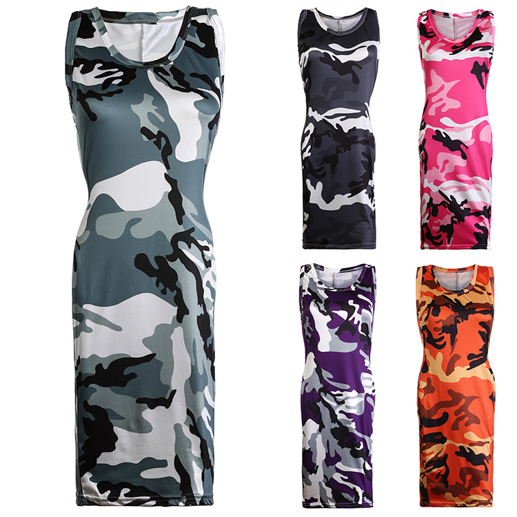 2019速卖通WISH春夏季 性感迷彩印花修身无袖连衣裙