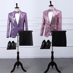 Men's pink purple green sequined host singers jazz dance coats blazers and pants morality fashion concert photos shooting stage evening dress suit costumes