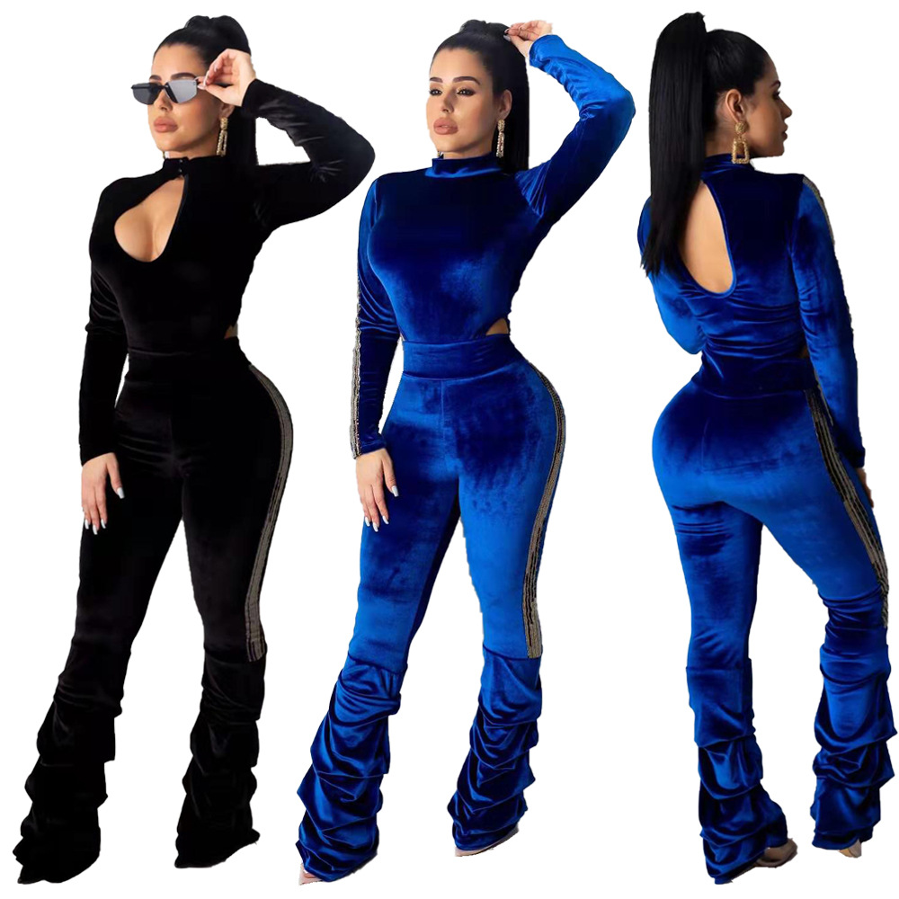 Women's Clothing Gold Velvet Splicing Sequined Trousers with Folding Hems Two piece Set_voghion.com