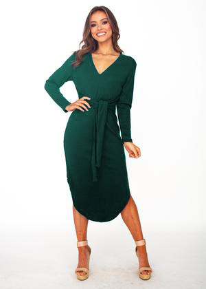 V-neck long-sleeved lace-up solid color mid-length dress NSYD3739