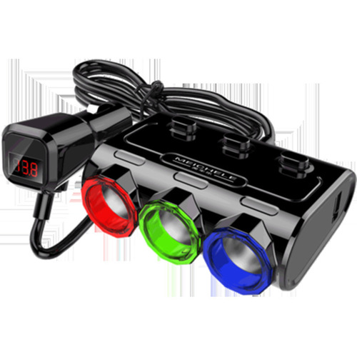 Car one-to-three cigarette lighter, dual USB charger with switch voltage display, car charger, car charging head