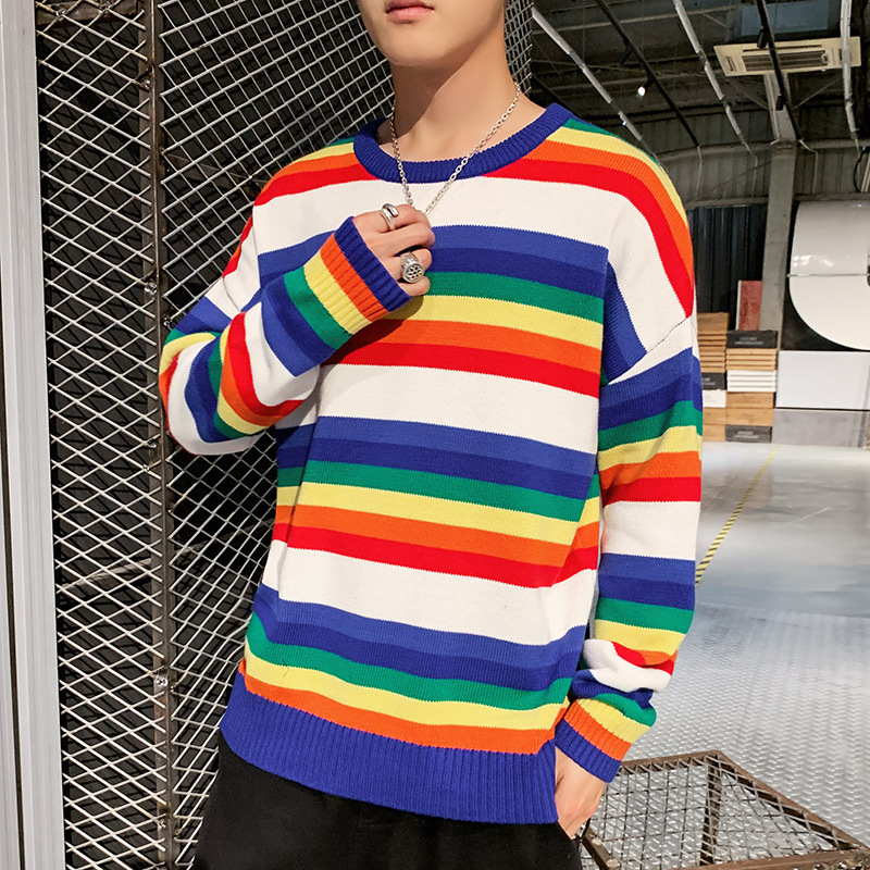 毛衣男式秋冬季新款针织衫男时尚条纹圆领毛衣男百搭休闲打底毛衫