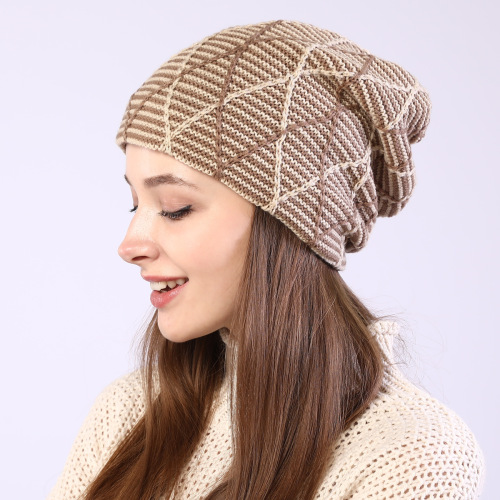 M1021 rhombus mesh mixed color pullover hat for men and women in autumn and winter plus velvet warm ear protection and cold protection woolen pile hat