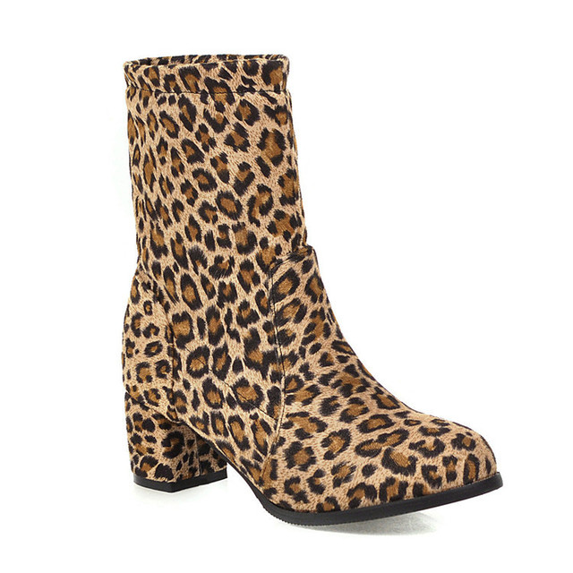 autumn and winter fashion sexy new Leopard Print Elastic boots middle heel
