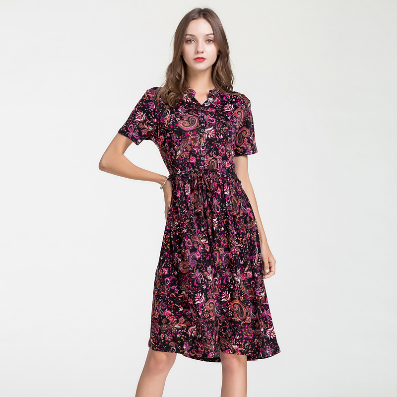 Plus Size Silk Dress High Waist V Neck Short Sleeve Floral Print Summer Elegance Wholesale Available
