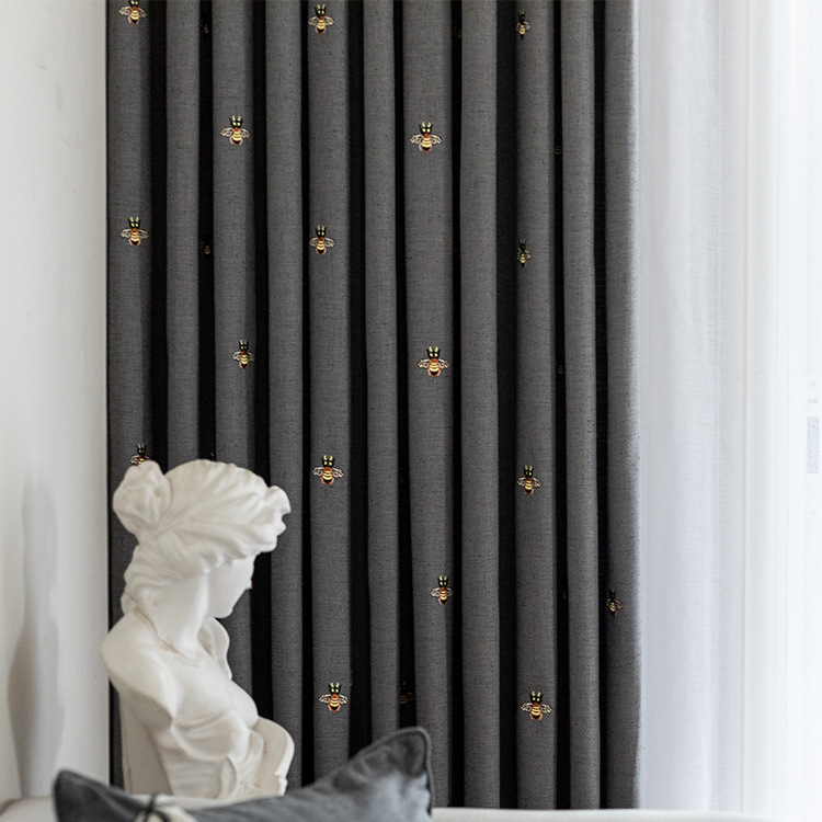 廠家直銷 現代簡約加厚棉麻遮光刺繡蜜蜂客廳臥室窗簾布 成品定制