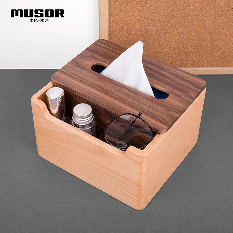 纸巾盒木质抽纸盒多功能收纳盒胡桃木酒店餐厅定制LOGO|ms