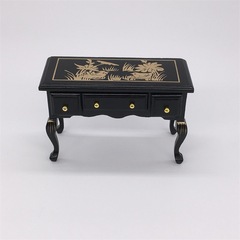 1:12娃娃屋迷你家具黑色書桌 復古懷舊畫花寫字桌