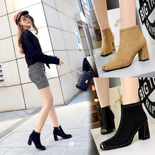 6862 European and American Restoration Night Club Sexy Rock Trend Coarse-heeled High-heeled Suede Metal Square Head Riveted Shoes