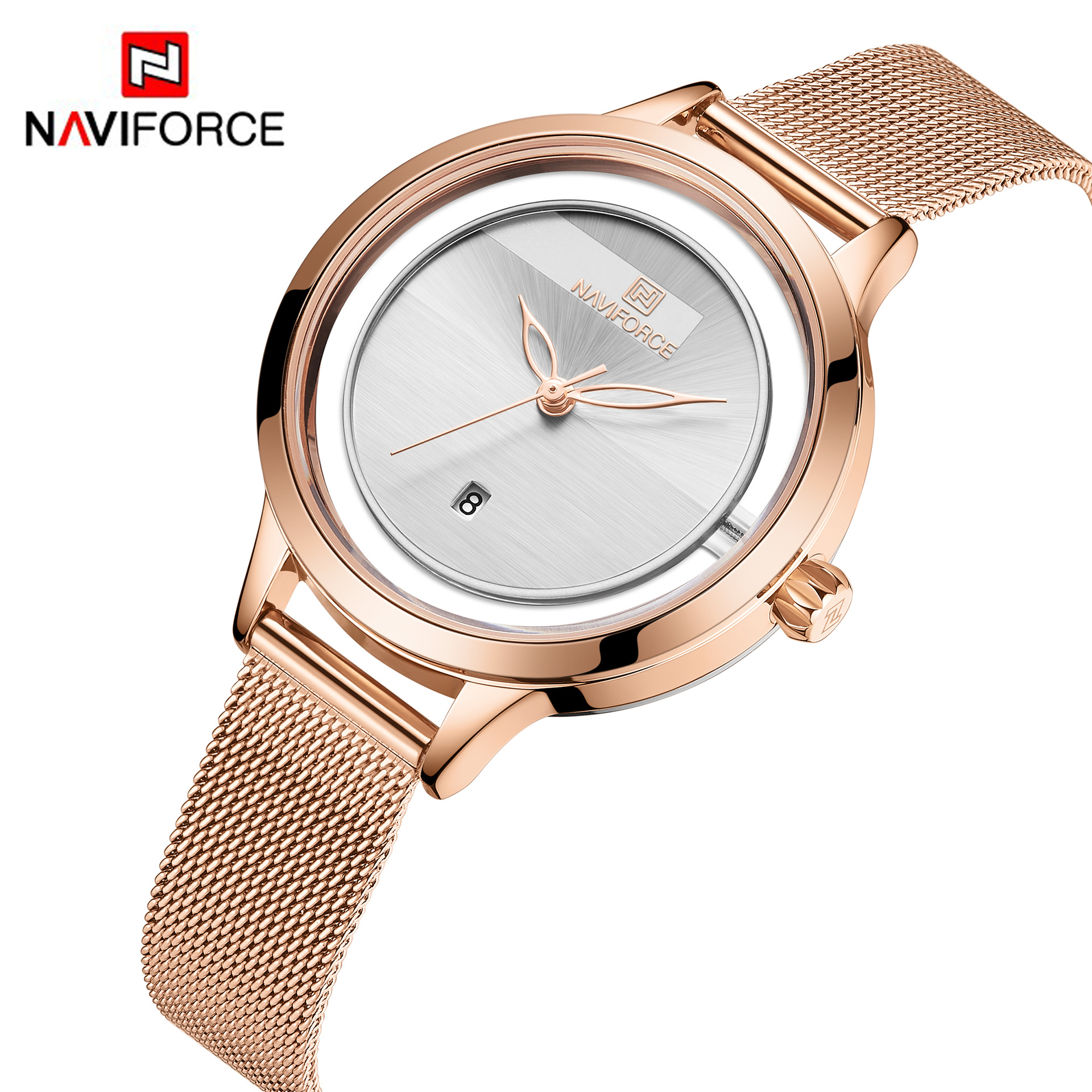 NAVIFORCE/Lingxiang 5014 Women's Watch Waterproof Quartz Mesh Band Watch Fashion Calendar Watch Casual Women's Watch_voghion.com