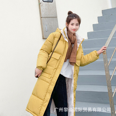 2019秋冬簡約修身純色中長款長袖舒適休閑百搭連帽棉衣寬松大口袋