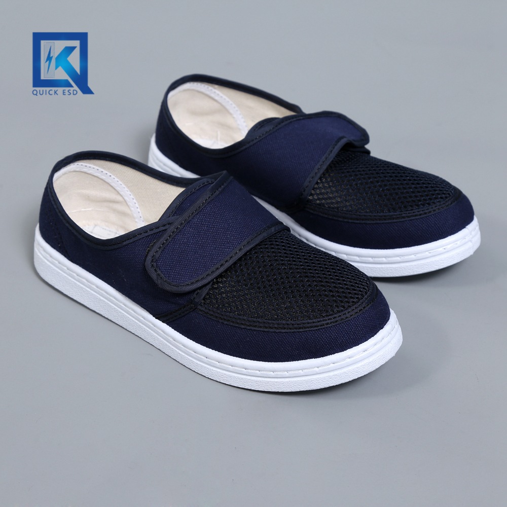 厂家直供防静电PVC蓝帆布皮革单孔魔术贴网眼鞋 工厂车间防静电鞋