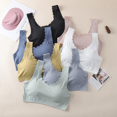 性感冰丝美背内衣女吊带背心裹胸抹胸聚拢运动文胸无钢圈带胸垫|ru