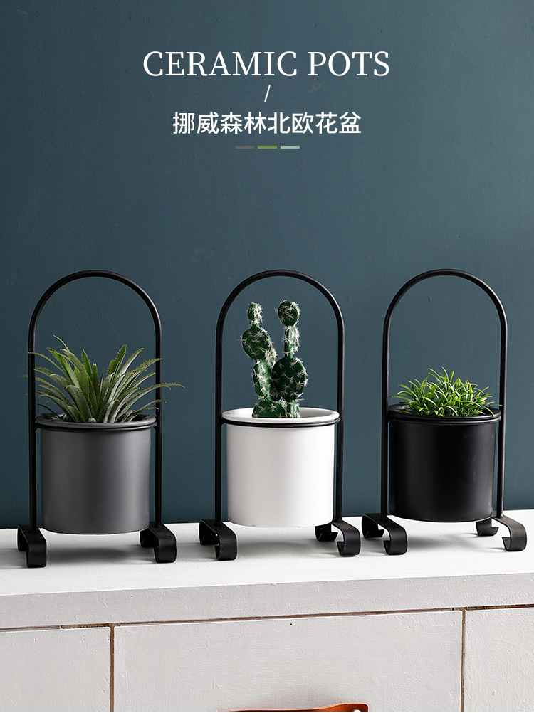 欧式花盆陶瓷圆筒简约文艺个性ins带铁架铁艺绿萝盆景假花盆栽 供应产品 潮州市枫溪区唯创家居工艺品厂