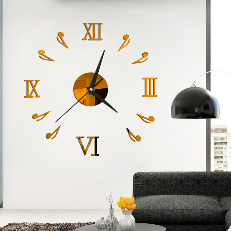 音符罗马挂钟 3d立体厂家直销镜面墙贴钟贴饰36cm DIY 重75克左右