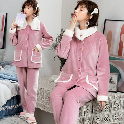 Month of service pregnant woman pajamas Coral pure cotton thickening Cardigan lactation nurse jacket postpartum Home service package