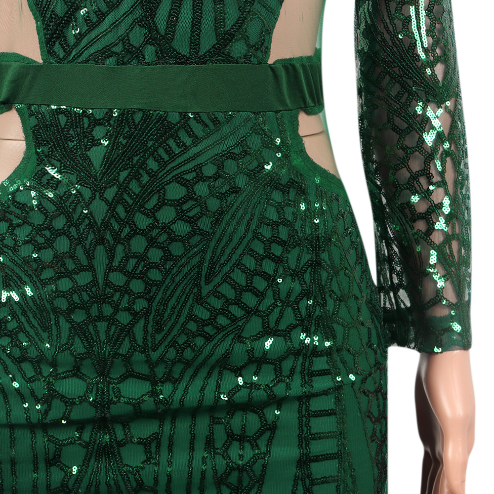 Sexy Deep V Split Sequin Long Sleeve Dress Nightclub in Dresses