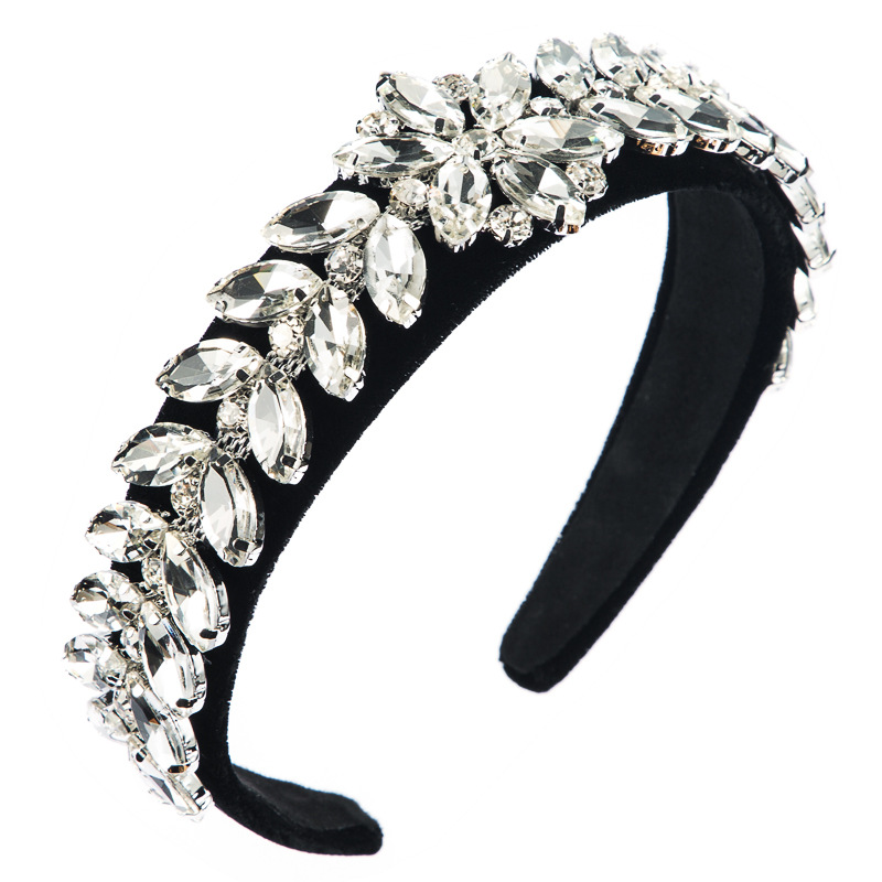 Women's Hair Hoop Leaves And Flowers Accessories Set With Ultra-flash Glass Diamond Gold Velvet Wide Edge Headband Women display picture 7