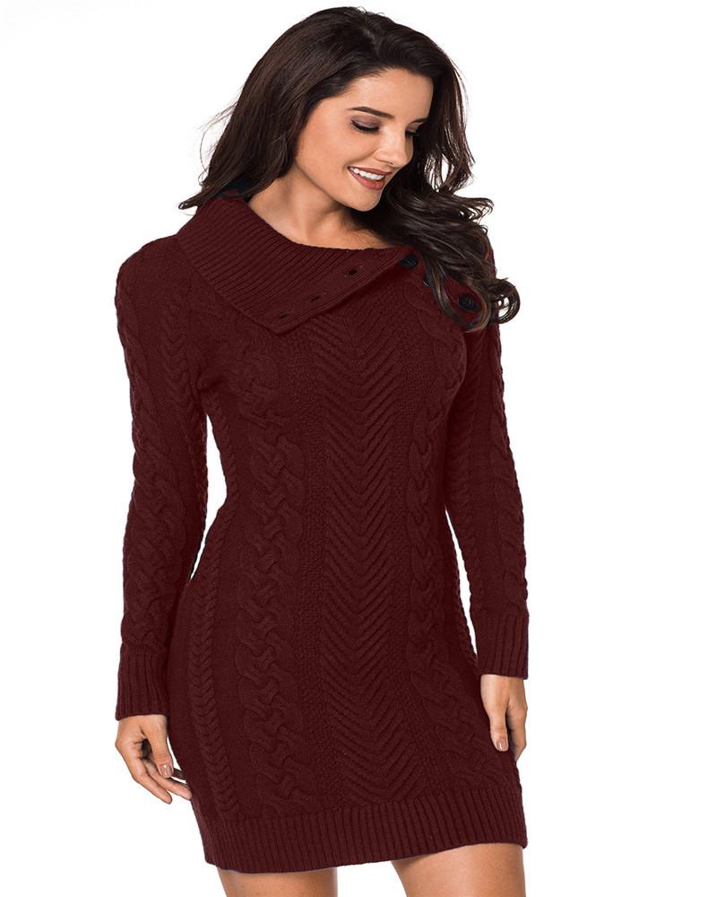 solid color lapel long-sleeved rib knit sweater dress nihaostyles wholesale clothing NSQSY85554