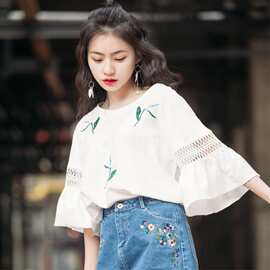 跨境款夏季喇叭半袖上衣服2019款韩版宽松搭白色短袖t恤