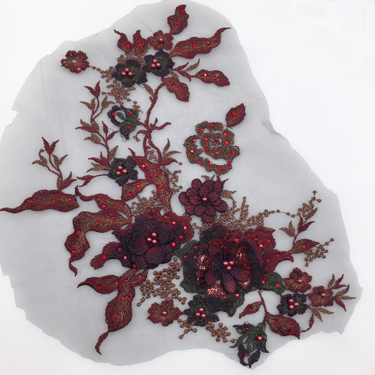 Poliéster bordado de seda macaron negro oro azul con cuentas de diamantes de imitación tridimensional encaje flor pegatinas bordado flor parche