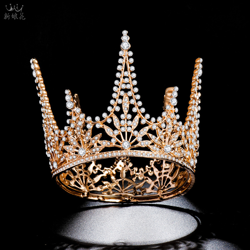 2019新娘花歐美巴洛克圓形合金皇冠整圈珍珠王冠影樓結婚頭飾新款