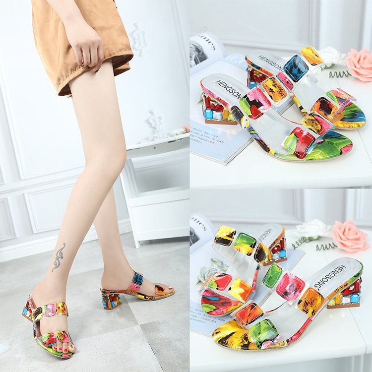 Candy color women's sandals popular in summer thick heel earth diamond colorful sequins women cool wholesale