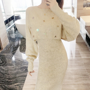 套装女2020冬季新款韩版修身显瘦珠片罩衫毛衣配裙子两件套潮9718