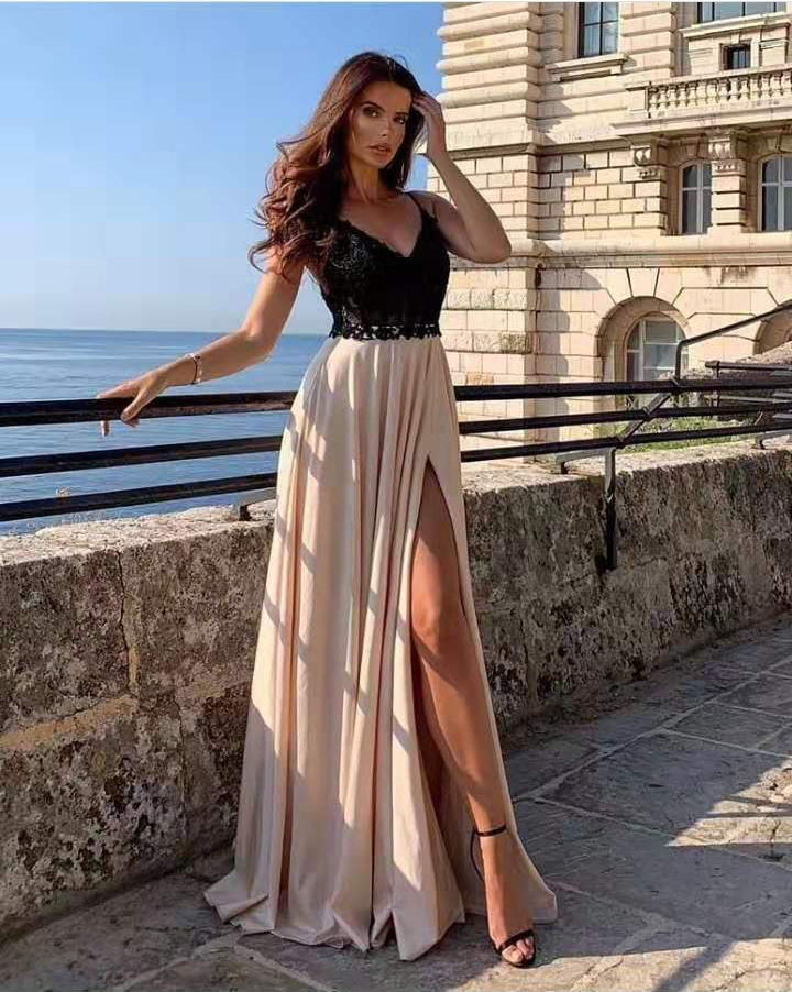 2020 New European and American Women's Fashion Amazon Sexy Sleeveless Lace Suspender Slit Dress Long Skirt New Style