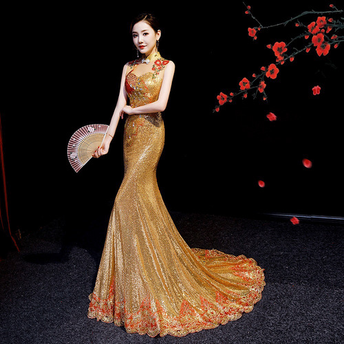 Chinese Dress Qipao for women Banquet evening dress gold sequins fishtail tailed women performance dress