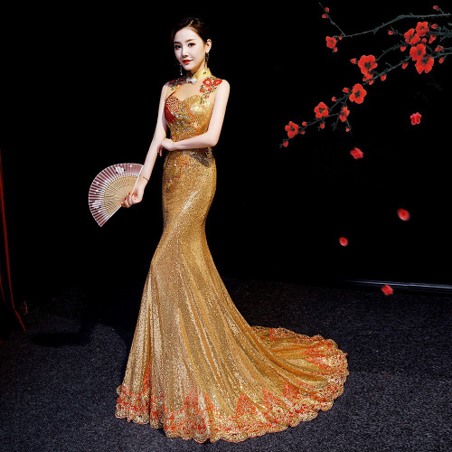 Chinese Dress Qipao for women Banquet evening dress gold sequins fishtail  tailed women performance dress