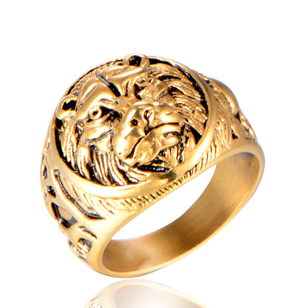 22g Weight Vacuum Plating Gold Plating Process Punk Lion Titanium Steel Inlay Zircon 18K Gold Plated Men'S Rings