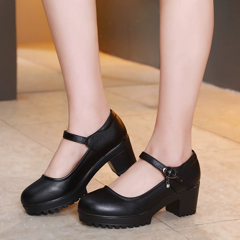 Женские Профессиональные элегантные кожаные туфли Cheongsam на высоком каблуке с круглым носком и пряжкой на толстом каблуке, трансграничные туфли на толстой подошве