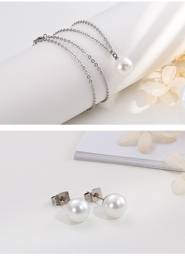Korean fashion pearl pendant stainless steel earrings set wholesale Nihaojewelry