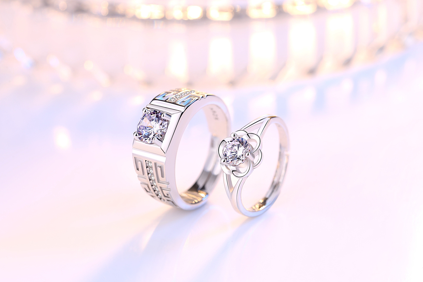 blooming plum male and female couples pattern pair copper ring hand jewelry