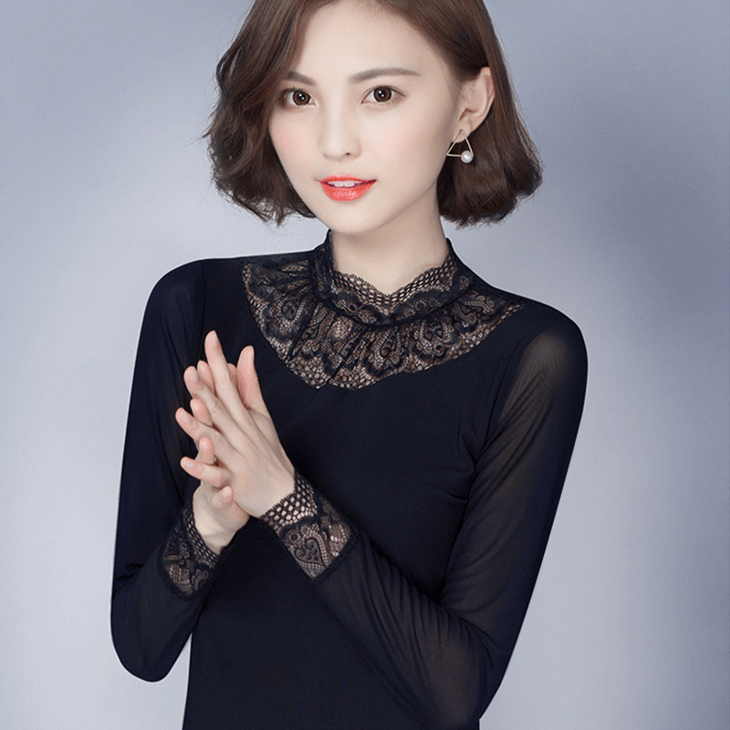 加绒加厚蕾丝上衣女镂空长袖恤新款韩版修身显瘦网纱洋气打底衫