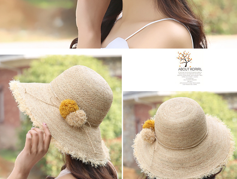 Mũ cói raffia vành rộng chống nắng gấp gọn đi biển — Màu be chi tiết 7