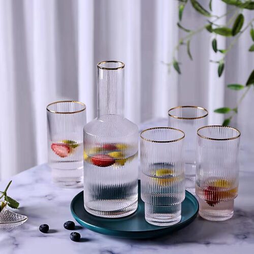 Gold edge hammered glass cold kettle striped kettle cold kettle juice jug explosion-proof household European style creative set